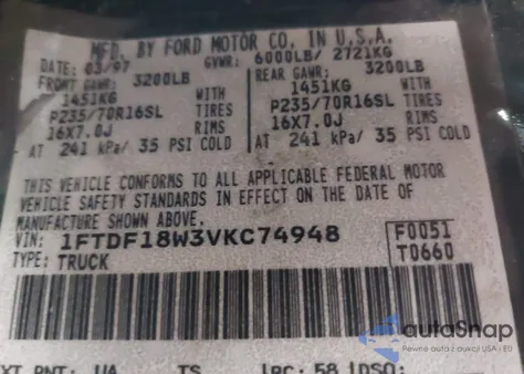 1997 Ford F-150 Lariat/Standard/Xl/Xlt z USA, uszkodzony, nr VIN 1FTDF18W3VKC74948